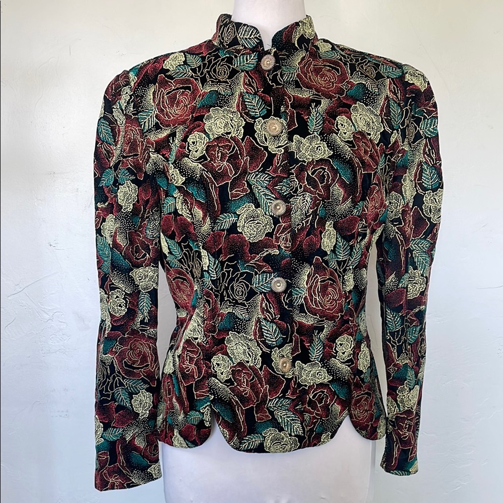 Another Thyme Vintage Blazer/Jacket Women Velvet Floral Embellished Button Front